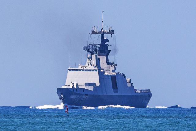 A Republic of China Navy Kang Ding-class (La Fayette-class) frigate navigates the coastal waters off Kaohsiung during naval manoeuvres on the first day of the annual Han Kuang military exercise in Kaohsiung on August 5, 2026. (Photo by cheng-chia huang / AFP)