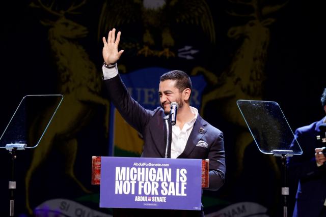 US Democratic Senate candidate from Michigan Abdul El-Sayed addresses supporters at his election night event at The Majestic Theatre in Detroit, Michigan, on August 4, 2026. El-Sayed is hoping to defeat US Representative Haley Stevens in the Democratic primary to advance to the general election in November. The candidates are vying for Michigan's US Senate seat to replace retiring Democratic Senator Gary Peters. (Photo by JEFF KOWALSKY / AFP)
