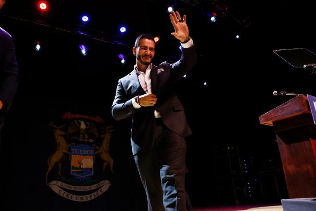 US Democratic Senate candidate from Michigan Abdul El-Sayed waves to supporters after addressing them at his election night event at The Majestic Theatre in Detroit, Michigan, on August 4, 2026. El-Sayed is hoping to defeat US Representative Haley Stevens in the Democratic primary to advance to the general election in November. The candidates are vying for Michigan's US Senate seat to replace retiring Democratic Senator Gary Peters. (Photo by JEFF KOWALSKY / AFP)