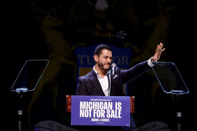 US Democratic Senate candidate from Michigan Abdul El-Sayed waves to supporters after addressing them at his election night event at The Majestic Theatre in Detroit, Michigan, on August 4, 2026. El-Sayed is hoping to defeat US Representative Haley Stevens in the Democratic primary to advance to the general election in November. The candidates are vying for Michigan's US Senate seat to replace retiring Democratic Senator Gary Peters. (Photo by JEFF KOWALSKY / AFP)