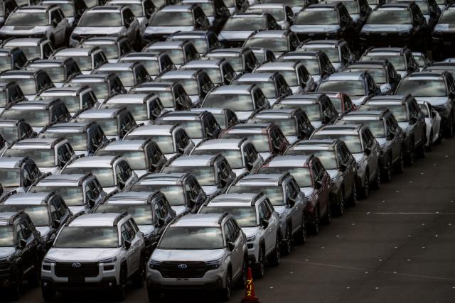 New Subaru vehicles are parked at Daikoku Pier in Yokohama on August 5, 2026. (Photo by Philip FONG / AFP)