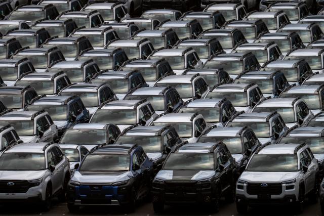 New Subaru vehicles are parked at Daikoku Pier in Yokohama on August 5, 2026. (Photo by Philip FONG / AFP)