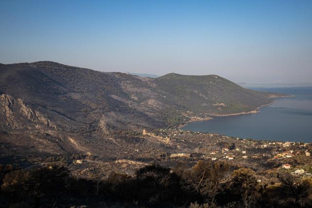 This photograph taken on August 5, 2026, shows a view of Porto Germeno, after a wildfire  some 70 kilometers (45 miles) northwest of Athens. Greek officials and residents of a region west of the capital Athens on August 5, 2026, began to assess the damage suffered by homes, businesses and farmland scorched by a wildfire. (Photo by Angelos TZORTZINIS / AFP)