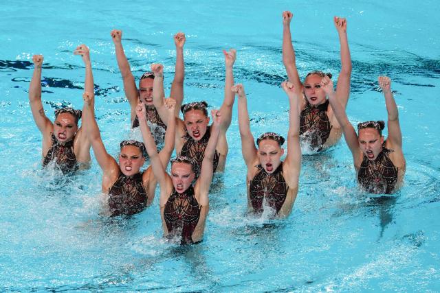 Neutral Athletes B's team Team competes in the acrobatics artistic swimming final event during the LEN European Aquatics Championships, at the Olympic Aquatics Centre in Saint-Denis, northeastern suburbs of Paris, on August 5, 2026. (Photo by Dimitar DILKOFF / AFP)