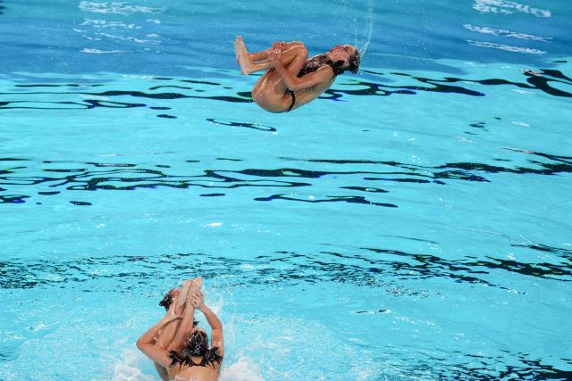Neutral Athletes B's team Team competes in the acrobatics artistic swimming final event during the LEN European Aquatics Championships, at the Olympic Aquatics Centre in Saint-Denis, northeastern suburbs of Paris, on August 5, 2026. (Photo by Dimitar DILKOFF / AFP)