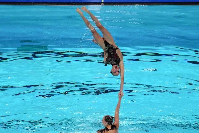 Neutral Athletes B's team Team competes in the acrobatics artistic swimming final event during the LEN European Aquatics Championships, at the Olympic Aquatics Centre in Saint-Denis, northeastern suburbs of Paris, on August 5, 2026. (Photo by Dimitar DILKOFF / AFP)