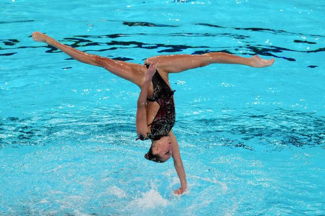 Neutral Athletes B's team Team competes in the acrobatics artistic swimming final event during the LEN European Aquatics Championships, at the Olympic Aquatics Centre in Saint-Denis, northeastern suburbs of Paris, on August 5, 2026. (Photo by Dimitar DILKOFF / AFP)