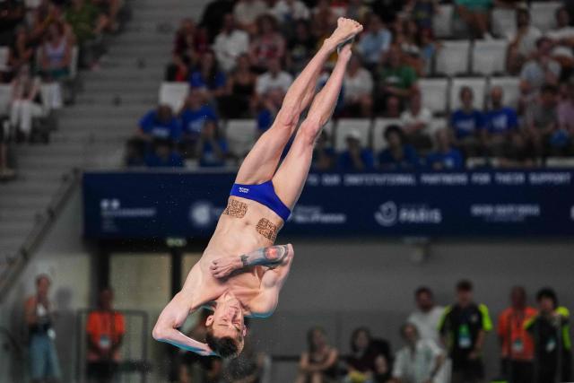 Neutral Athletes diver Nikita Shleiker competes in the men's 3m Springboard Final during the LEN European Aquatics Championships, at the Olympic Aquatics Centre in Saint-Denis, northeastern suburbs of Paris, on August 5, 2026. (Photo by Dimitar DILKOFF / AFP)