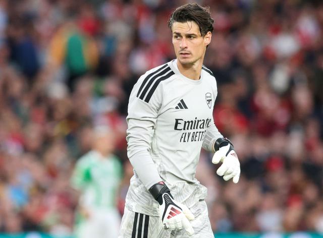 Arsenal's Spanish goalkeeper #13 Kepa Arrizabalaga reacts during the friendly pre-season football match between Arsenal and Real Betis, at the Aviva Stadium in Dublin, Ireland on August 5, 2026.  (Photo by Paul Faith / AFP)
