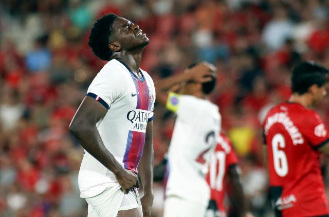 Paris Saint-Germain's French forward #47 Quentin Ndjantou reacts during the Ciutat de Palma trophy friendly football match between Mallorca RCD and Paris Saint-Germain FC at Mallorca Son Moix Stadium in Palma de Mallorca on August 8, 2026. (Photo by JAIME REINA / AFP)