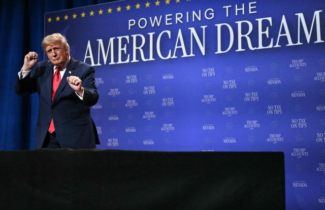 US President Donald Trump dances as he leaves the stage after speaking at an event promoting his administration's recent tax-relief initiative at Red Rock Casino Resort and Spa in Las Vegas, Nevada, on August 5, 2026. (Photo by Jim WATSON / AFP)