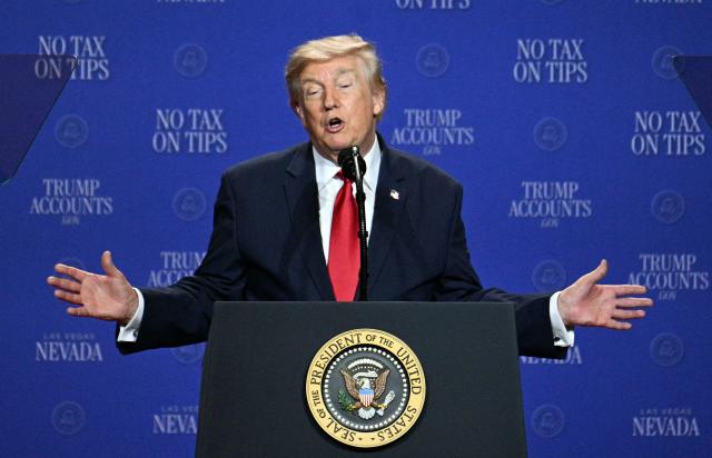 US President Donald Trump speaks during an event promoting his administration's recent tax-relief initiative at Red Rock Casino Resort and Spa in Las Vegas, Nevada, on August 5, 2026. (Photo by Jim WATSON / AFP) / ALTERNATE CROP