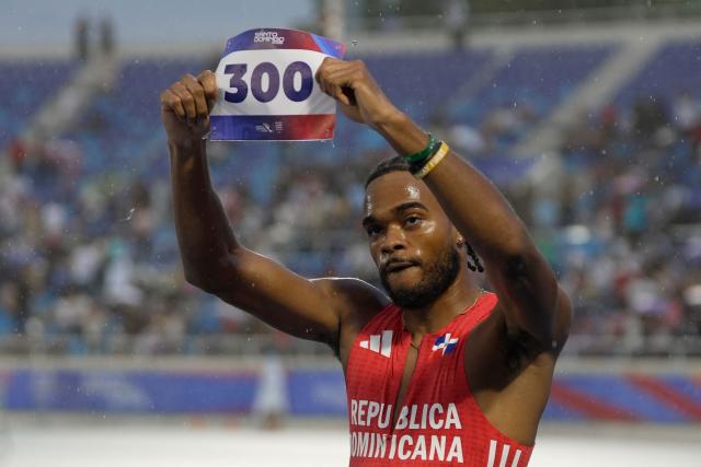 Dominican Republic's Gabriel Moronta celebrates after winning the men's 400m final during the XXV Central American and Caribbean Games at the Felix Sanchez Olympic Stadium in Santo Domingo on August 5, 2026. (Photo by Francesco SPOTORNO / AFP)