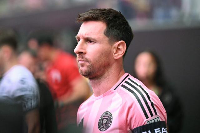 Inter Miami's Argentine forward #10 Lionel Messi steps on the pitch ahead of the Leagues Cup 2026 group-stage football match between Inter Miami CF and Atletico de San Luis at Nu Stadium in Miami, Florida, on August 5, 2026. (Photo by CHANDAN KHANNA / AFP)