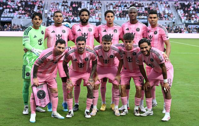 Inter Miami CF players pose for a team photo ahead of the Leagues Cup 2026 group-stage football match between Inter Miami CF and Atletico de San Luis at Nu Stadium in Miami, Florida, on August 5, 2026. (Photo by CHANDAN KHANNA / AFP)