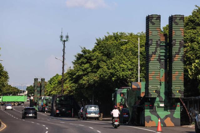 Sky Bow III missile system are deployed on the roadside during the annual Han Kuang military exercise in Taipei on August 6, 2026. (Photo by I-Hwa Cheng / AFP)