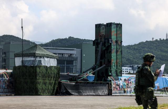 Sky Bow III missile system are deployed at a local park during the annual Han Kuang military exercise in Taipei on August 6, 2026. (Photo by I-Hwa Cheng / AFP)