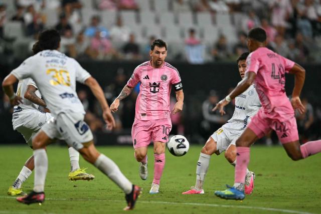 Inter Miami's Argentine forward #10 Lionel Messi (C), San Luis' midfielder #21 Oscar Macias (2nd-R) and Inter Miami's Italian midfielder #42 Yannick Bright eye the ball during the Leagues Cup 2026 group-stage football match between Inter Miami CF and Atletico de San Luis at Nu Stadium in Miami, Florida, on August 5, 2026. (Photo by CHANDAN KHANNA / AFP)