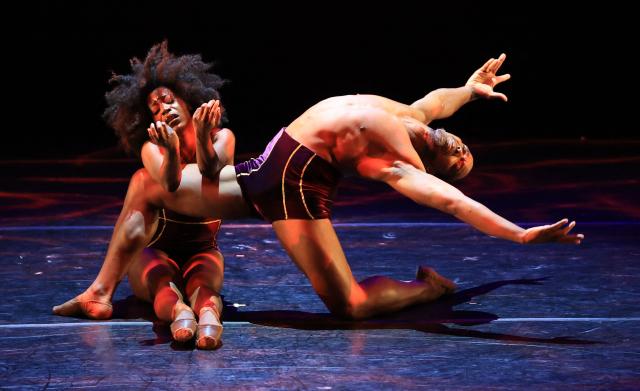Dancers April Watson and Joe Gonzalez from Complexions Contemporary Ballet perform “Ave Maria” during The Joyce Ballet Festival curated by Misty Copeland at the Joyce Theater in New York on August 5, 2026. The two-week Joyce Ballet Festival of 2026 is curated by US ballet dancer Misty Copeland. (Photo by TIMOTHY A. CLARY / AFP)