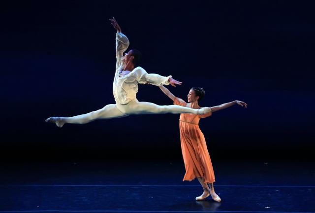 Dancers Guillaume Diop and Sae Eun Park from Paris Opera Ballet perform a scene from “Romeo and Juliet (Excerpt)” as part of The Joyce Ballet Festival at The Joyce Theater in New York, on August 5, 2026. The two-week Joyce Ballet Festival of 2026 is curated by US ballet dancer Misty Copeland. (Photo by TIMOTHY A. CLARY / AFP)