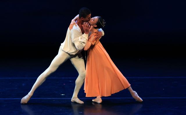 Dancers Guillaume Diop and Sae Eun Park from Paris Opera Ballet perform a scene from “Romeo and Juliet (Excerpt)” as part of The Joyce Ballet Festival at The Joyce Theater in New York, on August 5, 2026. The two-week Joyce Ballet Festival of 2026 is curated by US ballet dancer Misty Copeland. (Photo by TIMOTHY A. CLARY / AFP)