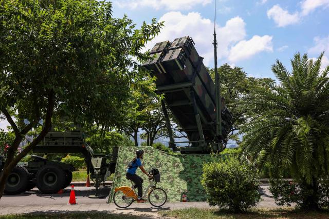 A Taiwanese military Patriot missile system is deployed at a local park during the annual Han Kuang military exercise in New Taipei City on August 6, 2026 (Photo by I-Hwa Cheng / AFP)