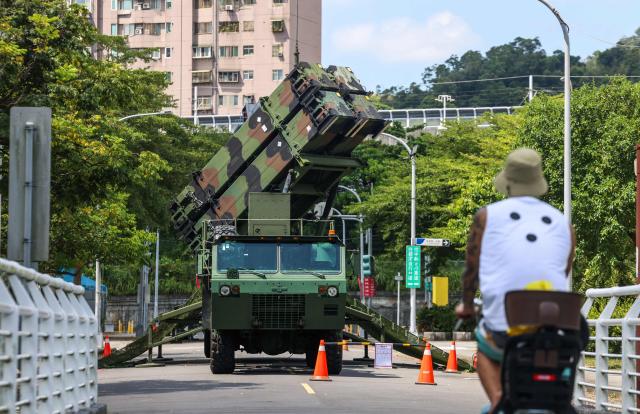 A Taiwanese military Patriot missile system is deployed at a local park during the annual Han Kuang military exercise in New Taipei City on August 6, 2026 (Photo by I-Hwa Cheng / AFP)