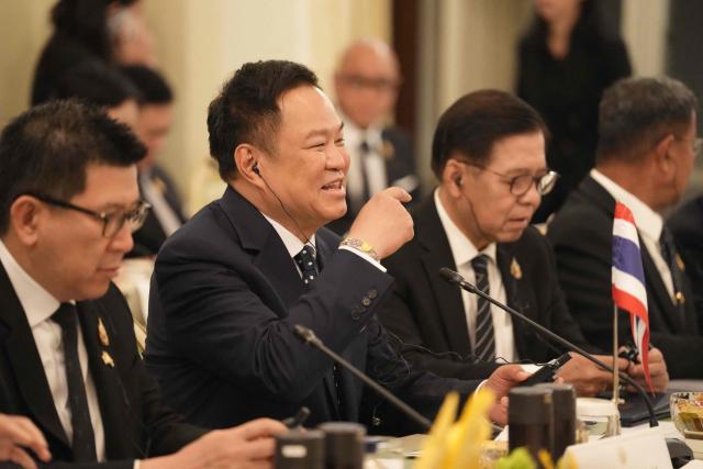 Thailand's Prime Minister Anutin Charnvirakul (C) gestures during a meeting with Myanmar's President Min Aung Hlaing (unseen) at Government House in Bangkok on August 6, 2026. (Photo by Sakchai Lalit / POOL / AFP)