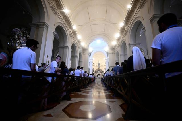 Pope Leo XIV leads a mass at Santa Maria degli Angeli during a pastoral visit in Assisi, on August 6, 2026. (Photo by Filippo MONTEFORTE / AFP)