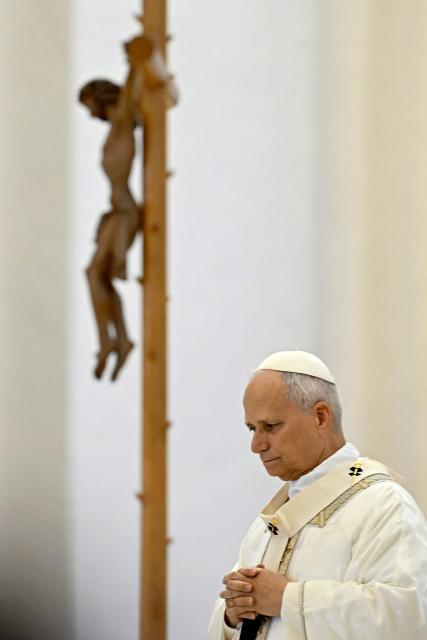 Pope Leo XIV leads a mass at Santa Maria degli Angeli during a pastoral visit in Assisi, on August 6, 2026. (Photo by Filippo MONTEFORTE / AFP)
