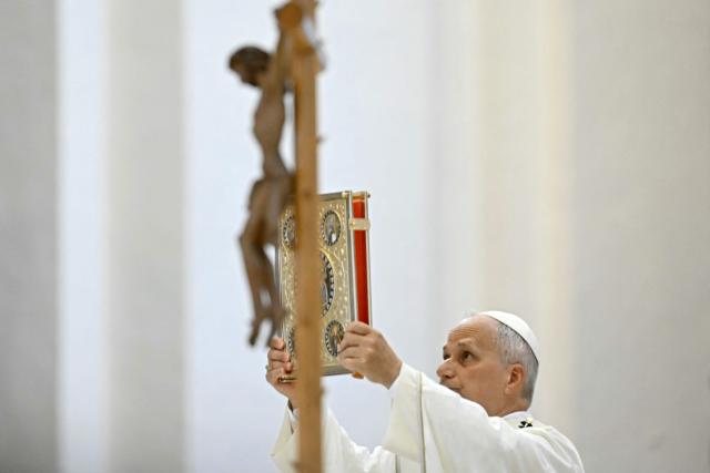 Pope Leo XIV leads a mass at Santa Maria degli Angeli during a pastoral visit in Assisi, on August 6, 2026. (Photo by Filippo MONTEFORTE / AFP)