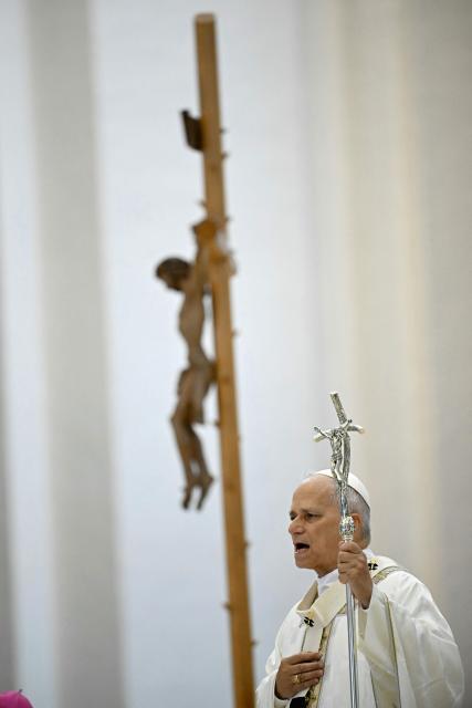 Pope Leo XIV leads a mass at Santa Maria degli Angeli during a pastoral visit in Assisi, on August 6, 2026. (Photo by Filippo MONTEFORTE / AFP)