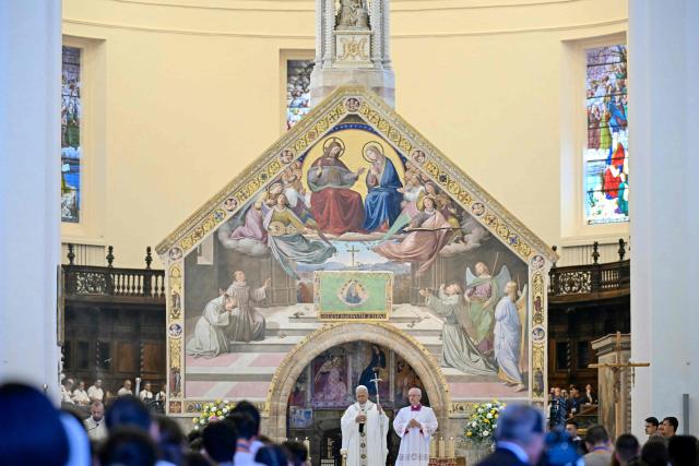 Pope Leo XIV leads a mass at Santa Maria degli Angeli during a pastoral visit in Assisi, on August 6, 2026. (Photo by Filippo MONTEFORTE / AFP)