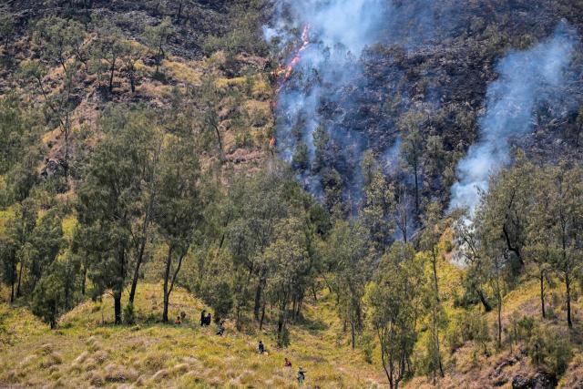 A wildfire burns in Bromo Tengger Semeru National Park near Mount Bromo in Probolinggo, East Java province on August 6, 2026. (Photo by JUNI KRISWANTO / AFP)