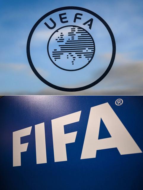 (FILES) (COMBO) This combination of files pictures created on December 21, 2023 shows the UEFA logo (top) at the UEFA headquarters in Nyon on December 15, 2014 and the FIFA logo (bottom) at the FIFA Executive Football Summit in Istanbul on February 15, 2019. European football's governing body UEFA said they would maintain their boycott of the men's and women's World Cups on August 6, 2026 despite FIFA withdrawing the plan to open up their competitions to private investment. (Photo by Fabrice COFFRINI and OZAN KOSE / AFP)
