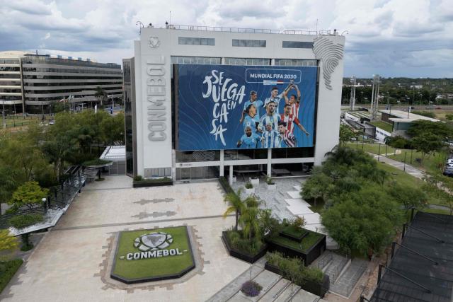 (FILES) View of the South American Football Confederation (Conmebol) headquarters in Luque, Paraguay, on January 16, 2026. The South American Football Confederation (CONMEBOL) welcomed FIFA's decision on August 6, 2026, to withdraw its FIFA Forward Enterprise project and expressed its "concern over the repeated unilateral actions" taken to promote it, according to a statement. (Photo by Luis ROBAYO / AFP)