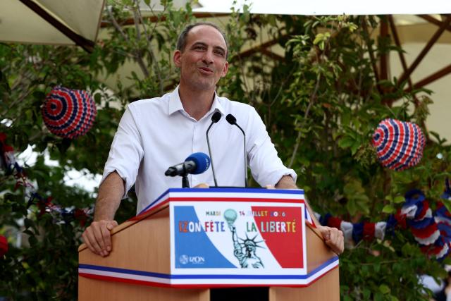 (FILES) French politician, centre-left party Place publique's leader and MEP Raphael Glucksmann delivers a speech during the 100th anniversary of the unveiling of the Statue of Liberty in Izon near Bordeaux, south-western France, on July 14, 2026. An investigation has been launched into allegations of Russian interference targeting the likely left-wing presidential candidate Raphaël Glucksmann, following the broadcast of a fake news report seeking to discredit him, the Paris Public Prosecutors Office announced on August 6, 2026 in response to an enquiry from AFP. (Photo by ROMAIN PERROCHEAU / AFP)
