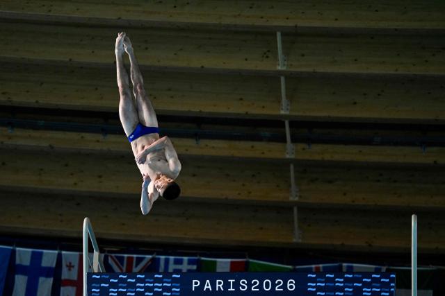 Neutral Athletes diver Ruslan Ternovoi competes in the men's 10m platform diving final event during the LEN European Aquatics Championships, at the Olympic Aquatics Centre in Saint-Denis, northeastern suburbs of Paris on August 6, 2026. (Photo by JULIEN DE ROSA / AFP)