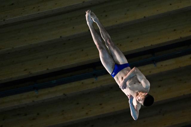 Neutral Athletes diver Ruslan Ternovoi competes in the men's 10m platform diving final event during the LEN European Aquatics Championships, at the Olympic Aquatics Centre in Saint-Denis, northeastern suburbs of Paris on August 6, 2026. (Photo by JULIEN DE ROSA / AFP)
