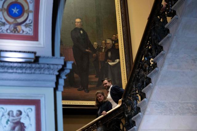US Vice President JD Vance departs after attending a Senate Republican policy luncheon at the US Capitol on August 6, 2026 in Washington, DC. (Photo by Brendan Smialowski / AFP)