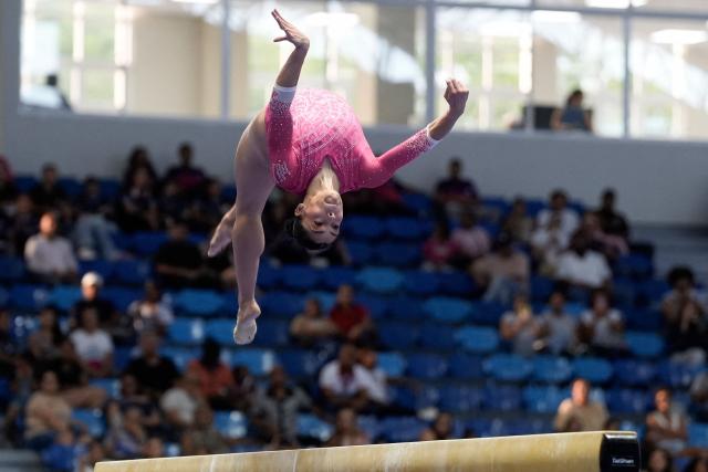 Mexico's Paulina Guerra competes in the women's balance beam final during the XXV Central American and Caribbean Games in Santo Domingo on August 6, 2026. (Photo by Francesco SPOTORNO / AFP)