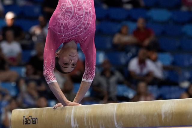 Mexico's Paulina Guerra competes in the women's balance beam final during the XXV Central American and Caribbean Games in Santo Domingo on August 6, 2026. (Photo by Francesco SPOTORNO / AFP)