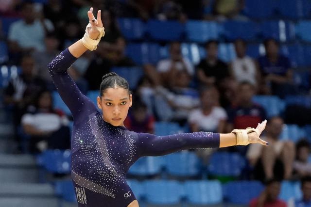 Panama's Alyiah Lide competes in the women's floor exercise final during the XXV Central American and Caribbean Games in Santo Domingo on August 6, 2026. (Photo by Francesco SPOTORNO / AFP)