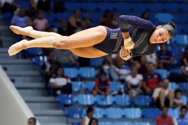 Panama's Alyiah Lide competes in the women's floor exercise final during the XXV Central American and Caribbean Games in Santo Domingo on August 6, 2026. (Photo by Francesco SPOTORNO / AFP)