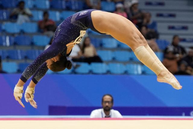 Panama's Alyiah Lide competes in the women's floor exercise final during the XXV Central American and Caribbean Games in Santo Domingo on August 6, 2026. (Photo by Francesco SPOTORNO / AFP)