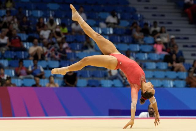 Dominican Republic's Sophia Diaz competes in the women's floor exercise final during the XXV Central American and Caribbean Games in Santo Domingo on August 6, 2026. (Photo by Francesco SPOTORNO / AFP)