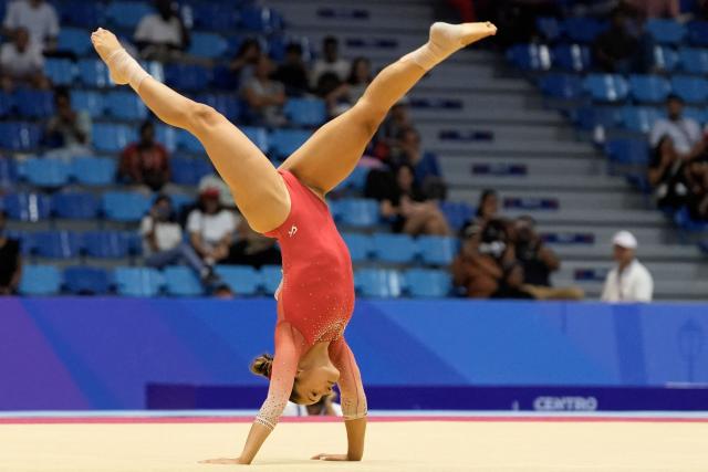 Dominican Republic's Sophia Diaz competes in the women's floor exercise final during the XXV Central American and Caribbean Games in Santo Domingo on August 6, 2026. (Photo by Francesco SPOTORNO / AFP)