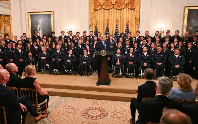 US President Donald Trump speaks during an event welcoming Team USA Olympic and Paralympic winter athletes at the White House in Washington, DC, on August 6, 2026. (Photo by Jim WATSON / AFP)