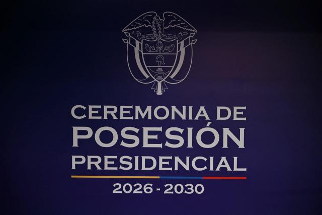 A logo that reads in Spanish "Presidential Inauguration Ceremony, 2026–2030," is pictured at the Arena USC in Cali, Colombia, on August 6, 2026, on the eve of the inauguration of Colombian president-elect Abelardo de la Espriella. (Photo by Luis ACOSTA / AFP)