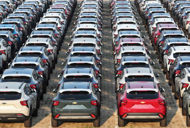 Chevrolet cars manufactured by SAIC-GM are ready for export in Yantai city, eastern China's Shandong province on August 7, 2026. (Photo by CN-STR / AFP) / China OUT